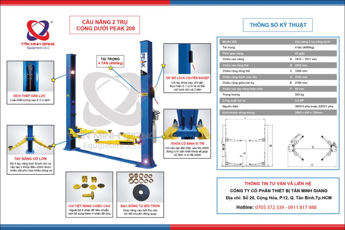 Cầu nâng 2 trụ 4 tấn cổng dưới peak 208