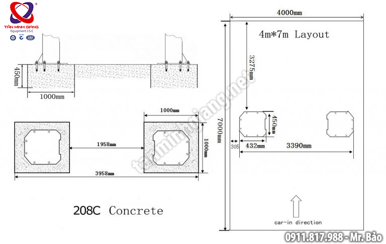 bản vẽ xây dụng móng cầu nâng 2 trụ cổng trên peak 208c - 4 tấn