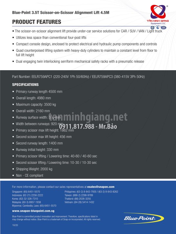 Thông số cầu nâng kiểm tra góc lái Bluepoint Snap-on SOSAL 4.5M