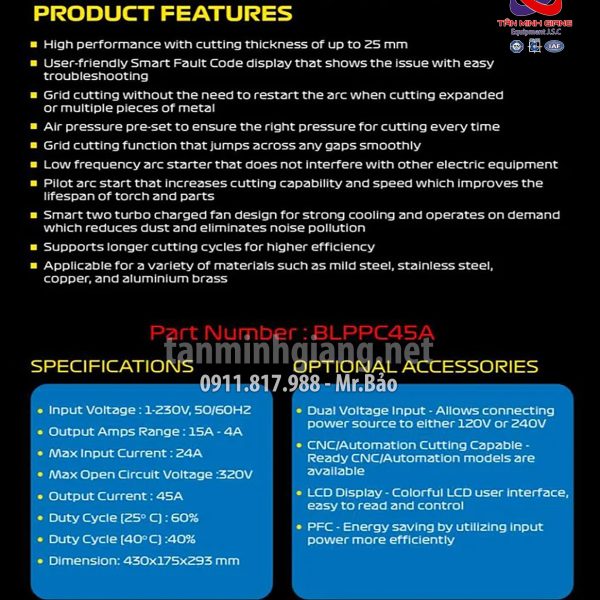 Thông số máy cắt plasma Bluepoint - Snap-on BLPPC45A