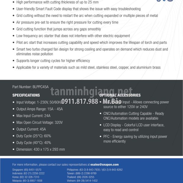 Thông số máy cắt plasma Bluepoint - Snap-on BLPPC45A