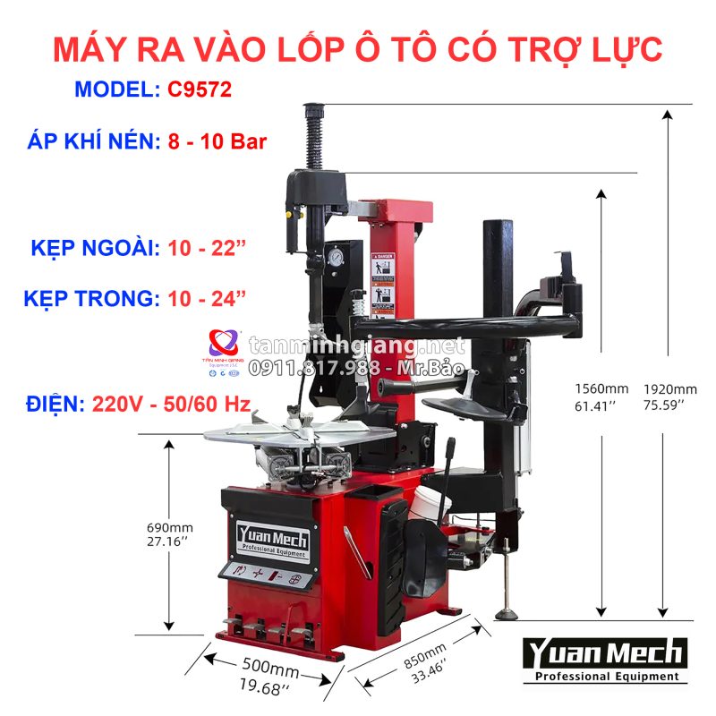 chi tiết máy ra vào lốp yuanmech c9572 có tay phụ