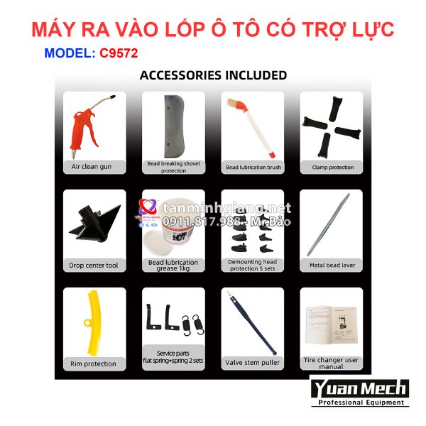 Chi tiết nổi bật máy ra vào lốp yuanmech c9572 có tay phụ runflat