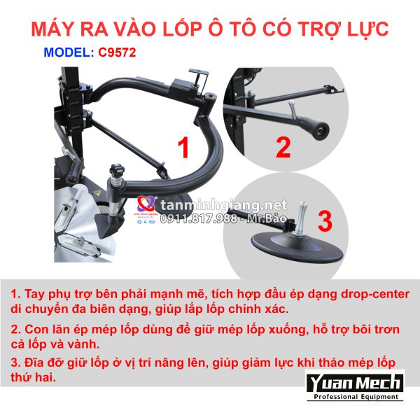 Chi tiết nổi bật máy ra vào lốp yuanmech c9572 có tay phụ runflat