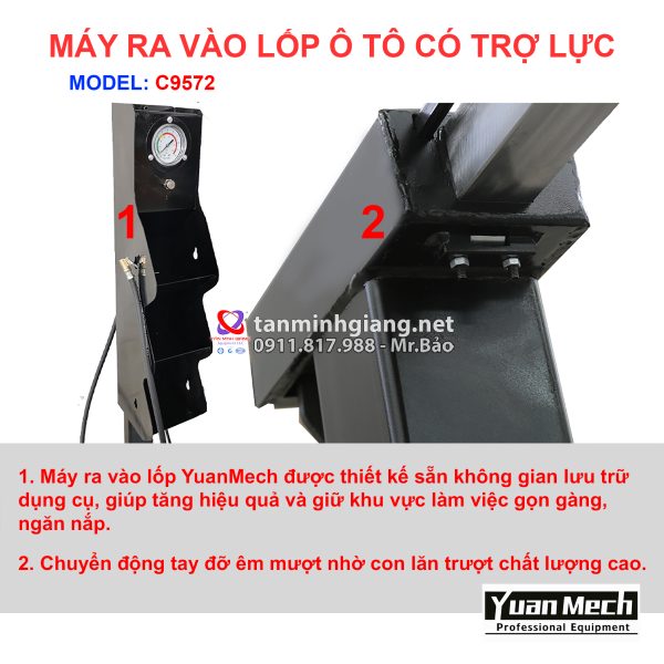 Chi tiết nổi bật máy ra vào lốp yuanmech c9572 có tay phụ runflat